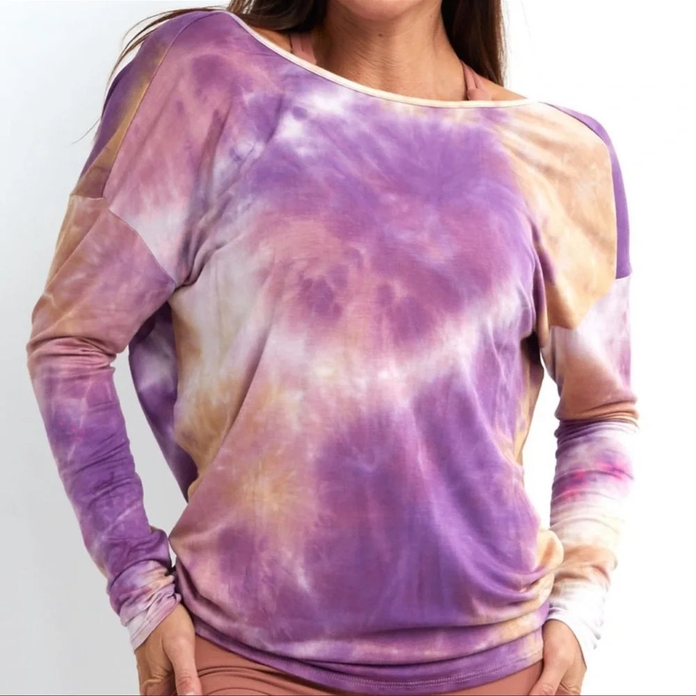 Savvi Athleisure Long Sleeve Tie Dye Open Back Tshirt Tee Brown Blue Pickleball - Picture 8 of 9